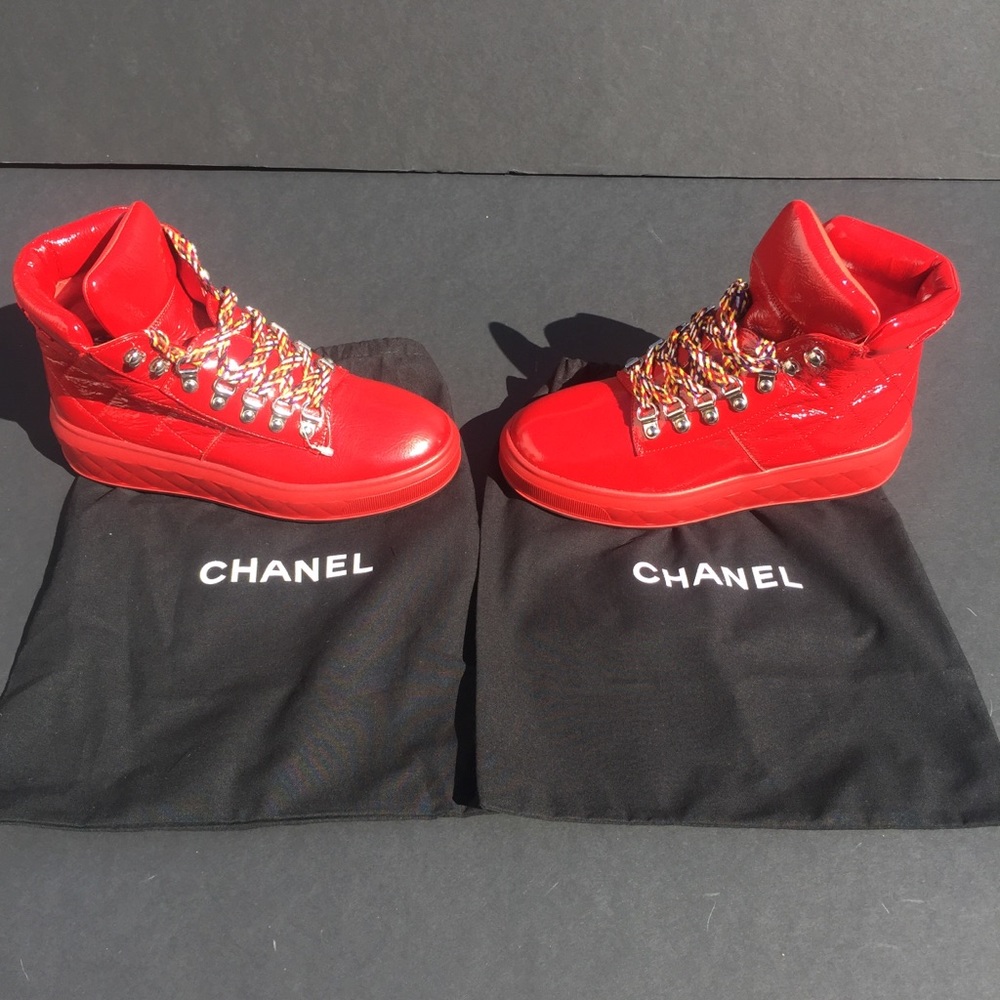 Chanel Red Leather Quilted Sneakers